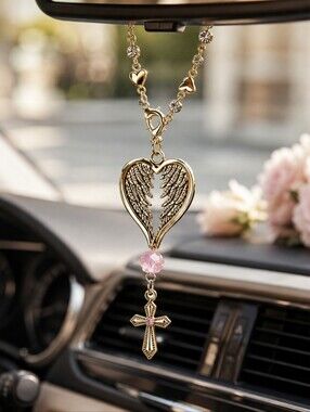 Gold Angel Wing Heart Car Charm Pink Crystal Cross Bag Charm Y2K
